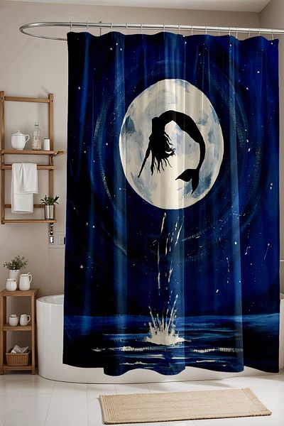 EVPANYA Perdele de baie cu model de 175x200 cm - Peisaj cu stropire de mare și lună