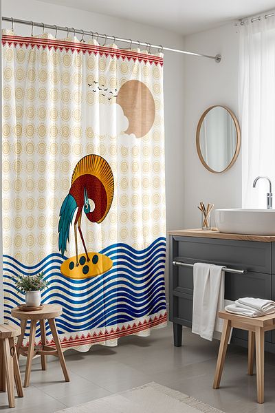 EVPANYA Κουρτίνα μπάνιου Boho 175x200cm με σχέδιο πουλιών - Κουρτίνα μπάνιου Heron in the Sea
