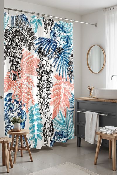 EVPANYA Κουρτίνα μπάνιου 175x200cm Mimosa and Acacia Pattern - Κουρτίνα μπάνιου με μαύρο στυλό
