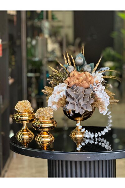 TASARIMHMODA Yapay Çiçekli Gold Yuvarlak Vazo 3 Parça Set No:7