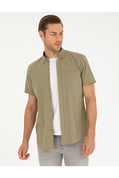 Pierre Cardin Χακί Λινό Μείγμα υφασμάτων κανονικής εφαρμογής κοντομάνικο πουκ...