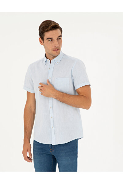 Pierre Cardin Light Blue Linen Blended Regular Fit Short Sleeve Shirt 5028416...