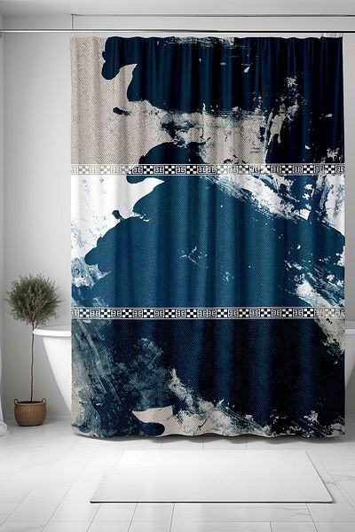 EVPANYA Perdeau de baie, perdea de duș cu model texturat din denim albastru bleumarin și alb, perdea de cadă 175x200cm