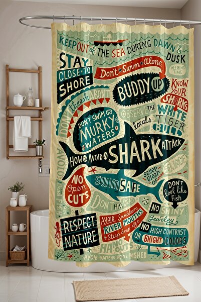 EVPANYA Banyo Perdesi, Denizdeki Uyarılar Desenli Duş Perdesi, Küvet Perdesi 175x200cm