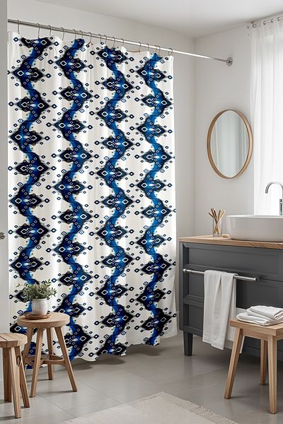 EVPANYA Perdeau de baie, perdea de duș cu model etnic Ikat bleumarin, perdea de cadă 175x200cm