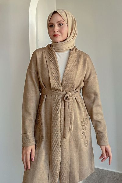 InStyle Πλεκτό μπουφάν Milk Coffee με μοτίβο γιακά και κέντημα