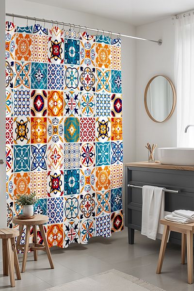 EVPANYA Bathroom Curtain,Mosaic Different Tiles Pattern Shower Curtain, Bathtub Curtain 175X200Cm