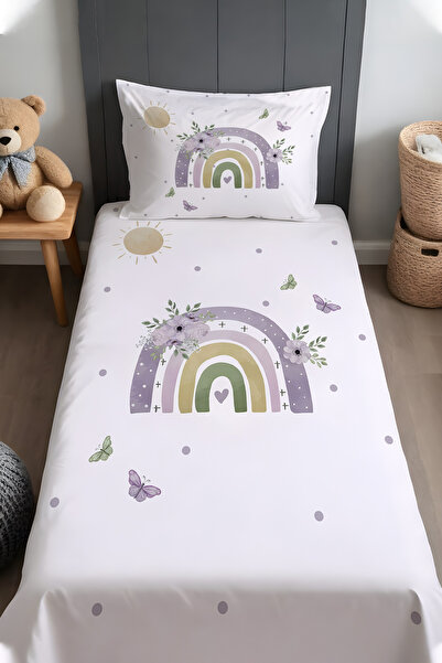 EVPANYA Mor Çiçekli Kelebekli Gökkuşağı Desenli Yatak Örtüsü ve Yastık Kılıfı