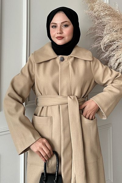 InStyle Belted Hidden Placket Beige Coat