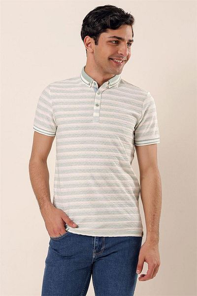 İmza Tricou cu mânecă scurtă, cu mânecă scurtă, cu dungi jacquard, din bumbac cu garnitură, ocazional1011230159