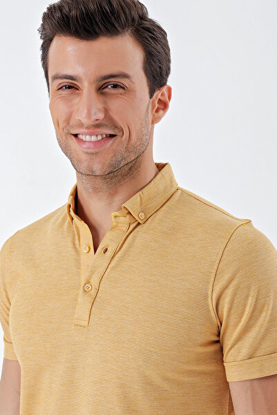 İmza Μπλουζάκι μουστάρδα με κοντό μανίκι Dobby με κουμπιά γιακά Classic Slim Fit Slim Fit T-shirt 1011230165