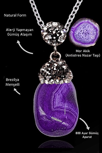 Erilsa Sertifikalı Zirkon Taşlı Model Ham Mor Akik Taşı Kolye