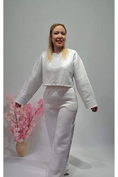 MADAME MELEK Νέα σεζόν Λευκό Φούτερ με Φύλλα - Παντελόνι Φούτερ Κοστούμι