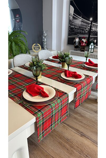 Decamor home Yeni Yıl Temalı Kırmızı Yeşil Ekose Desen Yılbaşı Runner 1 Adet (PEÇETE DAHİL DEĞİL)