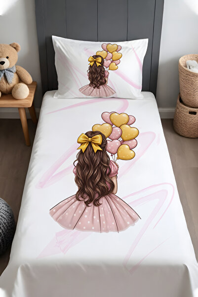 EVPANYA Sarı Kurdeleli Kız Desenli Yatak Örtüsü ve Yastık Kılıfı