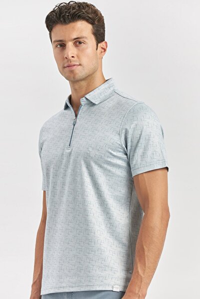 İmza Tricou slim din bumbac cu model albastru închis cu guler polo -1011240159