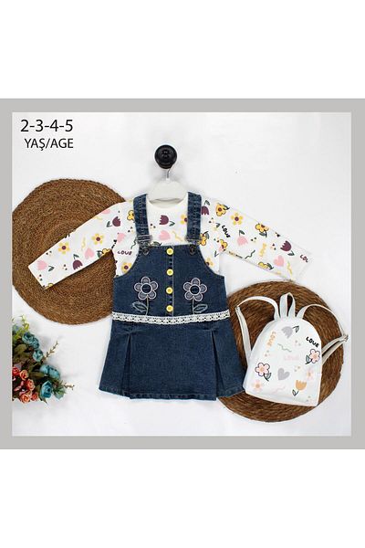 TRENDİMİZBİR Girl's Flower Embroidered Love Written Salopet Set and Bag
