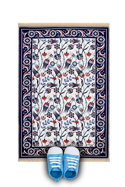 Bursa İpek Navy Blue Velvet Children's Prayer Mat and Play Mat