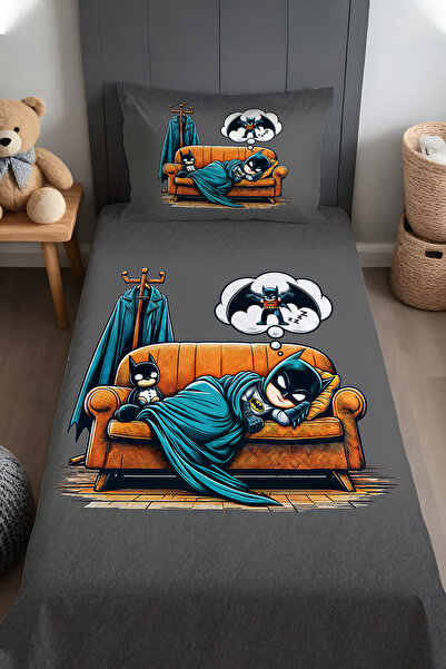 EVPANYA Hayalci Çocuk Betmen Desenli Yatak Örtüsü ve Yastık Kılıfı