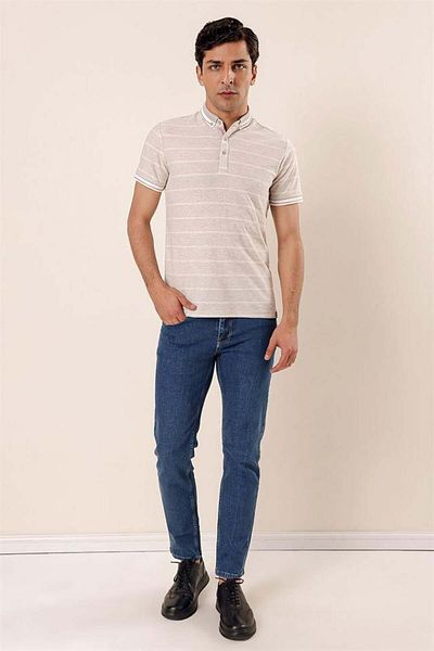 İmza Πέτρινο κοντομάνικο ριγέ μπλουζάκι DobbyCotton Casual Slim Fit Slim Fit T-shirt 1011230167