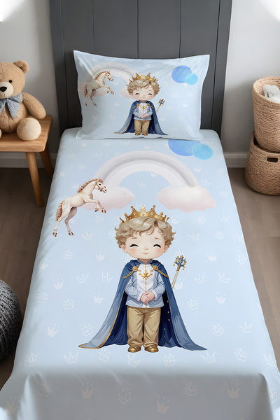 EVPANYA Gökkuşaklı Pelerinli Prens Desenli Yatak Örtüsü ve Yastık Kılıfı