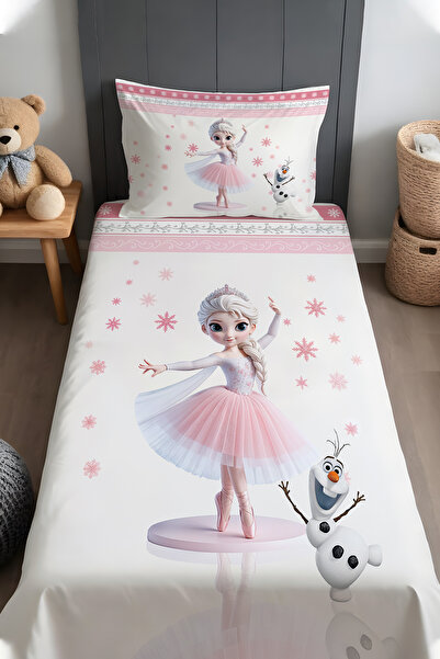 EVPANYA Pembe Balerin Elsa Desenli Yatak Örtüsü ve Yastık Kılıfı