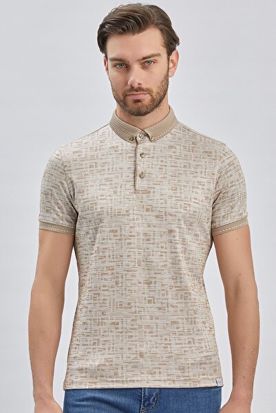 İmza Μπλουζάκι με μπεζ μοτίβο με κουμπιά βαμβακερό γιακά με λεπτή εφαρμογή 1011240160