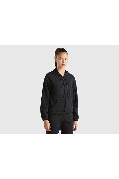 United Colors of Benetton Women's Black Cotton Blended Hooded Sweatshirt with Logo Label