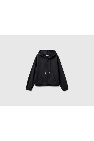 United Colors of Benetton Women's Black Cotton Blended Hooded Sweatshirt with Logo Label