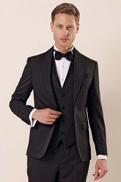 İmza Black Patterned Detachable Shawl Collar Vest 6 Drop Slim Fit Tuxedo Groom Suit1001230210