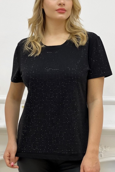 RICH GLAM All Crystal Stones Plus Size Crew Neck Cotton Stylish Women's T-Shirt T-Shirt