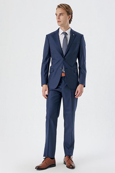 İmza Costum clasic cu dungi, albastru marin, cu guler mono, lână, Lycra, 6 picături, confort relaxat1001235169