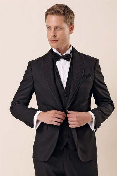 İmza Μαύρο σμόκιν με σχέδια, αποσπώμενο γιλέκο με γιακά σάλι, 6 Drop Slim Fit...