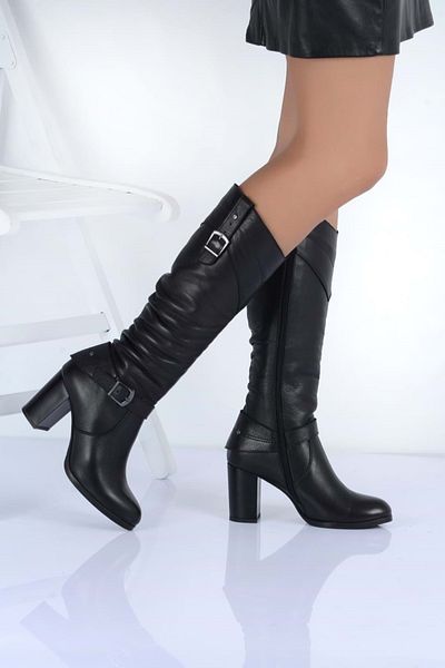 ANALİN SHOES Дамски боти на висок ток от естествена кожа, черни, с катарами Bellows