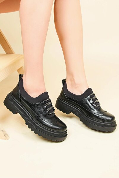 Birikon Taş Bağcıklı Streç Detaylı Loafer SİYAH