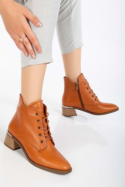 ANALİN SHOES Γυναικείες μπότες με λεπτομέρεια με κορδόνια με γνήσιο δέρμα με μεταλλική πόρπη - Tan