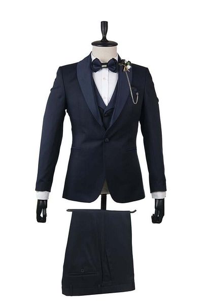 İmza Vestă căptușită cu guler șal cu model albastru bleumarin, 6 picături, slim fit, smoking, costum de mire1001210103