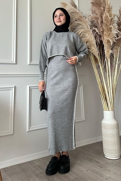 InStyle طقم تريكو مزدوج باللون الرمادي