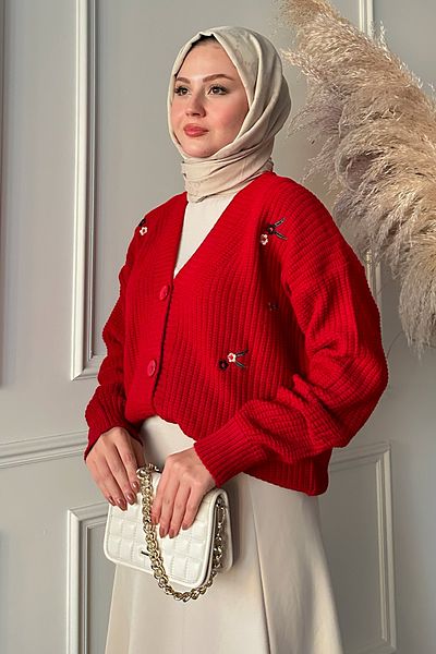 InStyle Gänseblümchen-bestickter Helly-Cardigan – Rot