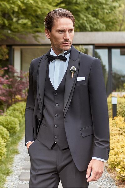İmza Black Removable Shawl Collar Vest Lycra 6 Drop Slim Fit Tuxedo Groom Suit1001240203