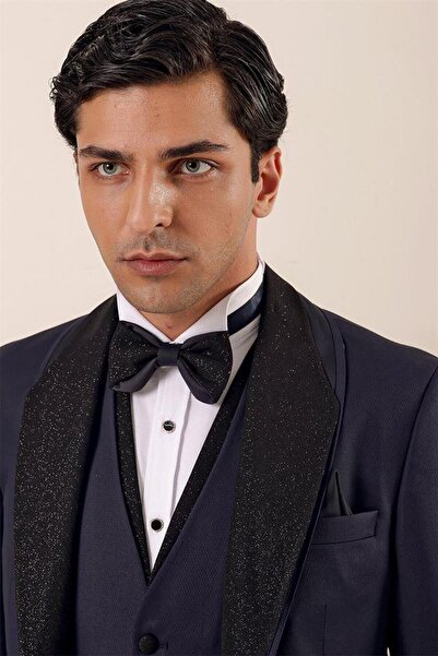İmza Dark Navy Patterned Vest 6 Drop Slim Fit Tuxedo Groom Suit 1001230203