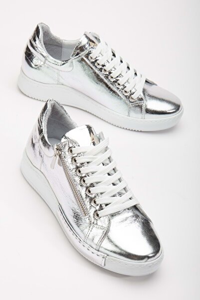 ANALİN SHOES Dámská sportovní obuv z pravé kůže stříbrné barvy - se zipem
