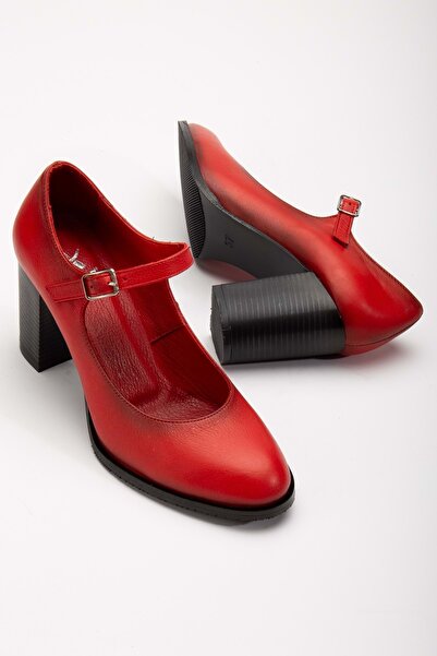 ANALİN SHOES Kadın Hakiki Deri Bantlı Topuklu Ayakkabı Kırmızı