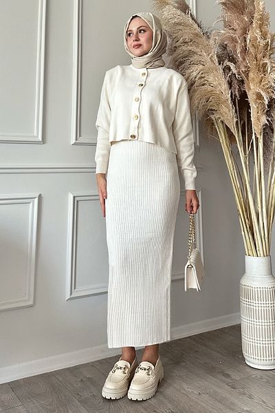 InStyle Set de tricotaje alb dublu cu nervuri cardigan