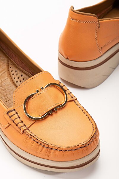 ANALİN SHOES Помаранчеві зручні жіночі мокасини з натуральної шкіри на пряжці - м'яка п'ята
