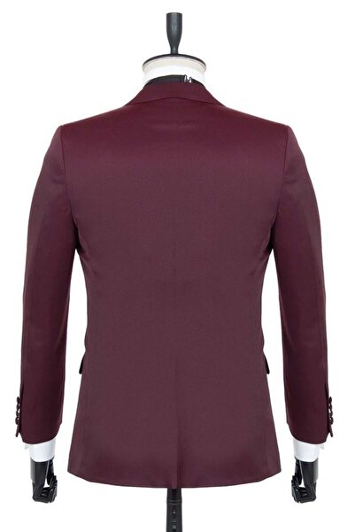 İmza Burgundy Patterned Dobby Mono Collar Lined 6 Drop Slim Fit Slim Fit Tuxedo Groom Suit1001195190