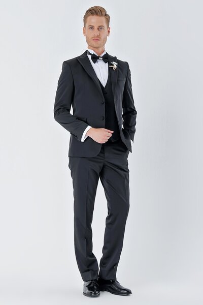 İmza Siyah Desenli Armürlü Çıkarılabilir Kırlangıç Yaka 6 Drop Slim Fit Smokin Damatlık Takım 1001230213