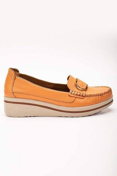 ANALİN SHOES Orange Genuine Leather Buckle Comfortable Women's Loafer - Wedge Heel
