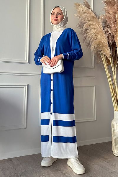 InStyle Λεπτομέρεια ρίγες Long Saks Μπλε πλεκτή ζακέτα