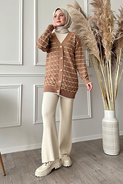 InStyle Ζακέτα με ριγέ πλεκτό καμήλας με διαμάντι